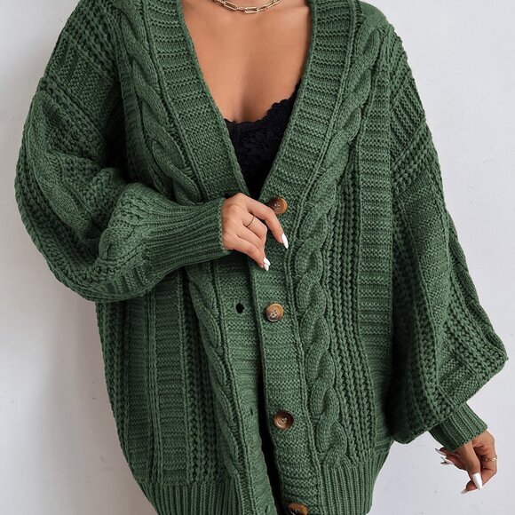 Olive Green Casual Womens Solid Button Front Cable Knit Cardigan - Picture 3 of 5
